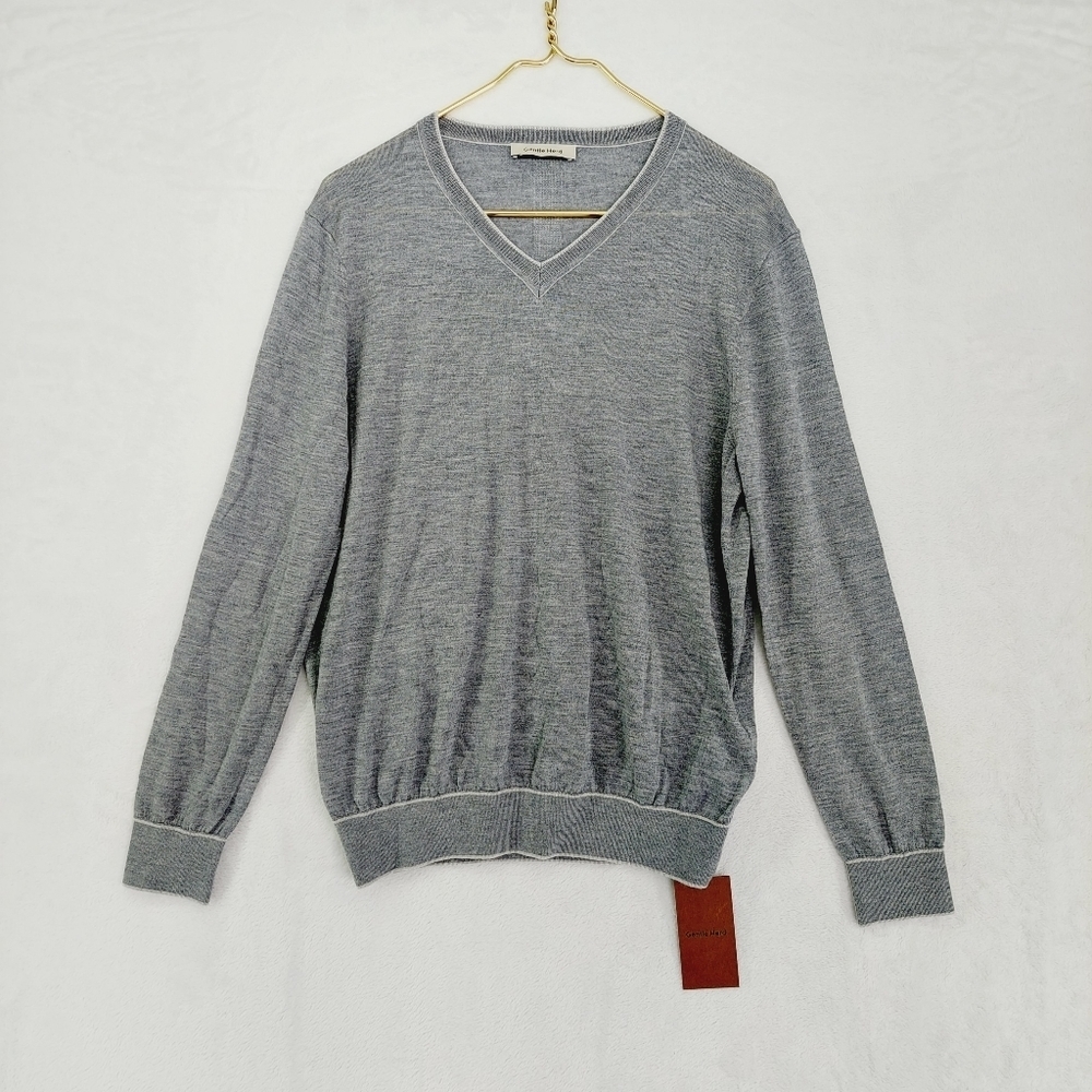 Gentle Herd Gray Cotton Long Sleeve V-Neck Pullover Sweater 4668